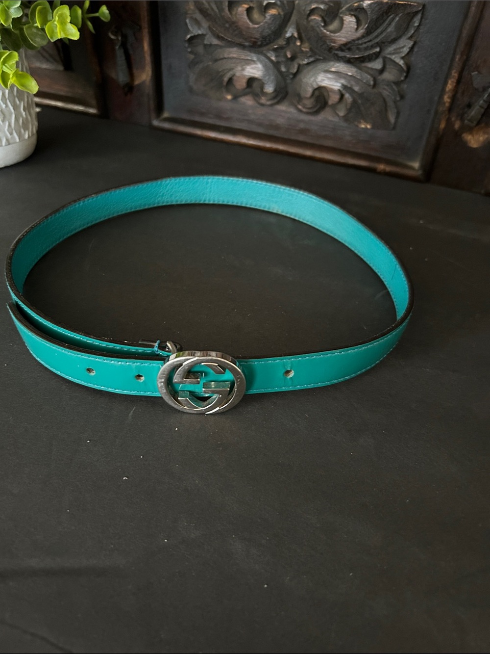 Glossy Teal Patent Leather Belt with Silver Interlocking Buckle - Picture 3 of 11